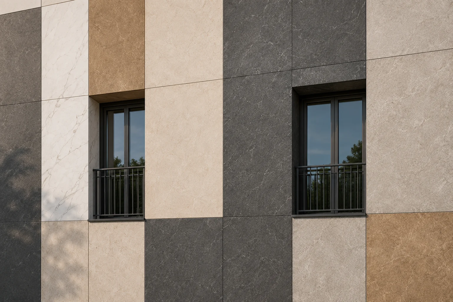Building facade with oversized porcelain stoneware tiles in varied tones and textures