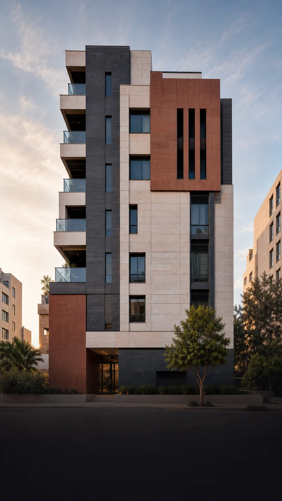Finished residential facade — porcelain stoneware cladding in mixed tones and textures