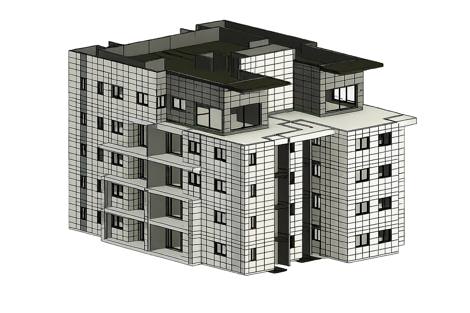 BIM model rendering of a residential building with porcelain stoneware cladding